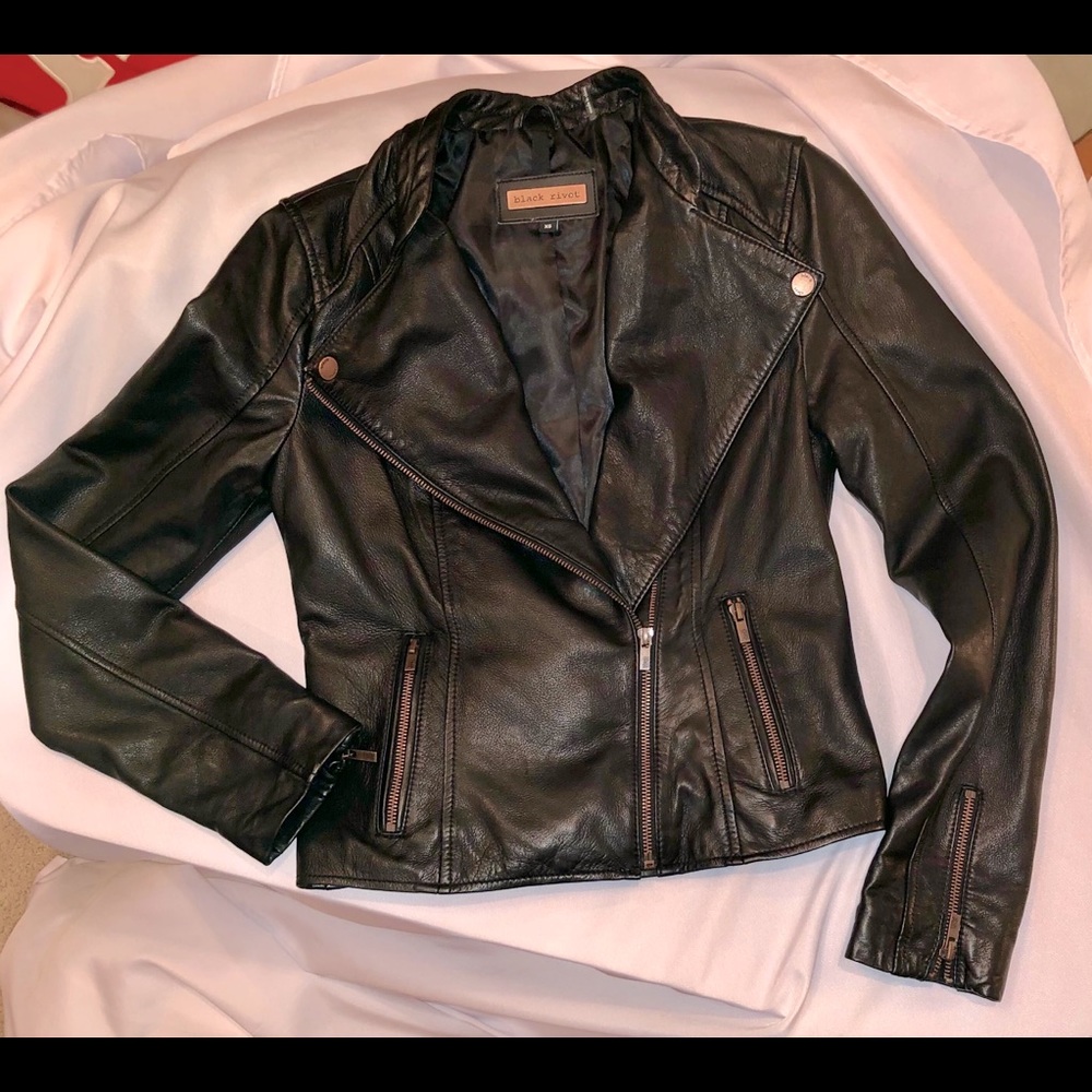Black Leather Jacket Lady XS fully lined